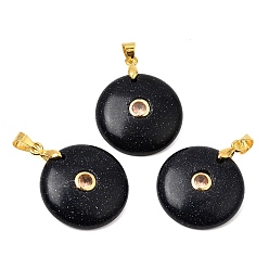 Blue Goldstone Synthetic Blue Goldstone Pendants, Coin Charms with Brass Pave Cubic Zirconia Findings, Golden, 27x21x5mm, Hole: 4x3.5mm