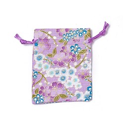 Purple Burlap Packing Pouches, Drawstring Bags, Rectangle with Flower Pattern, Purple, 10~10.5x8~8.3cm