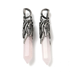 Розовый Кварц Природного розового кварца подвески, граненые подвески-пули с латунными крыльями дракона, античное серебро, 45~47x8.5~9 мм, отверстие : 6~6.5x4~4.5 мм