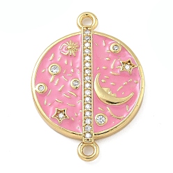 Бледно-Розовый Латунь с покрытием из прозрачного кубического циркония, эмалевый плоский круглый с лунными звеньями, реальный 18 k позолоченный, долговечный, без кадмия и без свинца, розовый жемчуг, 28x20x3 мм, отверстие : 1.8 мм