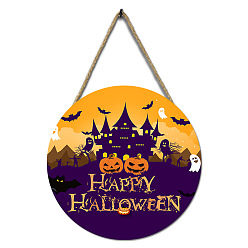 House Halloween Wooden Wall Hanging Decoration, for Home Party Decoration, with Hemp Rope, Flat Round, House, 300x5mm
