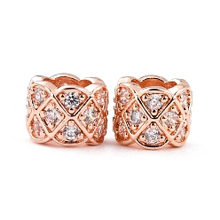 Розовое Золото Латунь микропаве прозрачный кубический цирконий европейский бисер, долговечный, без кадмия и без свинца, колонка, бусины с большим отверстием, Настоящее розовое золото покрыто, 8x6 мм, отверстие : 4.5 мм