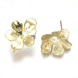 Light Gold Alloy Stud Earring Findings, with Loop, Steel Pins, Flower, Light Gold, 23x18.5mm, Hole: 3mm, Pin: 0.7mm