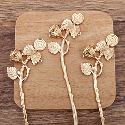 Light Gold Alloy Flower Hair Sticks, Enamel and Cabochons Setting, with Loops, Long-Lasting Plated Hair Accessories for Woman, Light Gold, 172x37mm, Tray: 12mm