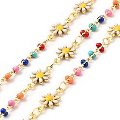 Colorful Brass Daisy Flower Link Chains, with Enamel Beaded, Real 18K Gold Plated, Soldered, with Spools, Long-Lasting Plated, Colorful, 12.5x7.5x2mm, 5.5x3x1.8mm