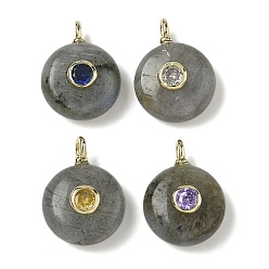 Лабрадорита Плоские круглые подвески из натурального лабрадорита, с латунными микро проложить кубических выводы циркония, золотые, 18.5x14x8 мм, отверстие : 2x1 мм