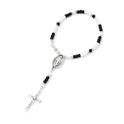 Black Alloy Cross Charm Bracelet, Glass Rosary Beaded Style Bracelet, Black, 10-5/8 inch(27cm)
