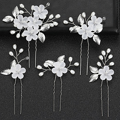 style 1 silver 5 per group U-shaped hairpin with flowers and leaves - bridal wedding hair accessory.
