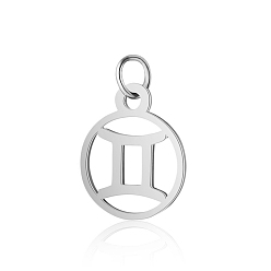 Gemini 304 Stainless Steel Charms, with Jump Rings, Polished, Flat Round with Constellation, Gemini, 13x11x1mm, Hole: 2.5mm