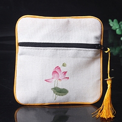 White Square Chinese Style Cloth Tassel Bags, with Zipper, for Bracelet, Necklace, White, 11.5x11.5cm