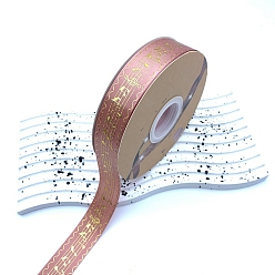 Flamingo 48 Yards Printed Polyester Ribbons, Flat Ribbon with Hot Stamping Musical Note Pattern, Garment Accessories, Flamingo, 1 inch(25mm)