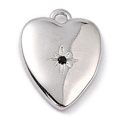 Black Brass Micro Pave Cubic Zirconia Charms, Long-Lasting Plated, Heart with Star, Black, 13x10x2mm, Hole: 1mm