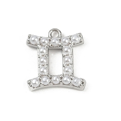 Платина Латунь прелести, с абс пластмассовой имитационной жемчужиной, долговечный, без кадмия и без свинца, стойки покрытие, Близнецы, платина, 13.5x12.5x3.5 мм, отверстие : 1.2 мм