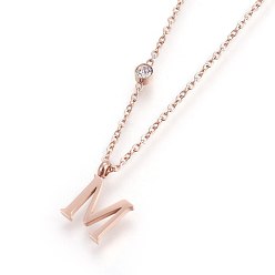 Letter M 304 Stainless Steel Initial Pendant Necklaces, with Glass Rhinestone, Crystal, Rose Gold, Letter.M, 16.1~16.5 inch(41~42cm), Pendant: 11x5~8.5x1mm