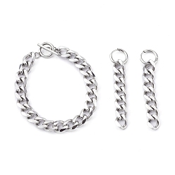 Stainless Steel Color 304 Stainless Steel Curb Chains Bracelets & Dangle Huggie Hoop Earrings Sets, with Toggle Clasps, Stainless Steel Color, 7-5/8 inch(19.4cm), 2.56 inch(65mm), Pin: 1mm