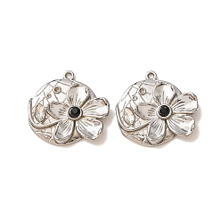Jet 304 Stainless Steel with Rhinestone Pendants, Flower Charms, Stainless Steel Color, Jet, 23x24x4mm, Hole: 1.3mm