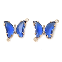 Blue Brass Pave Faceted Glass Connector Charms, Golden Tone Butterfly Links, Blue, 20x22x5mm, Hole: 1.2mm