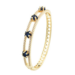 Dark Blue Cubic Zirconia Star Hinged Bangle, Real 18K Gold Plated Brass Jewelry for Women, Dark Blue, Inner Diameter: 2x2-3/8 inch(5.2x6cm)