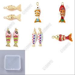 Mixed Color 6Pcs 6 Styles Rack Plating Brass Pendants, with Cubic Zirconia and Enamel, Fish Charms, Long-Lasting Plated, Golden, Mixed Color, 22~29x8~9.5x5~7mm, Hole: 1~3mm, 1pc/style