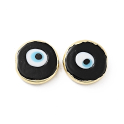 Black Rack Plating Handmade Evil Eye Lampwork Beads, with Brass Findings, Long-Lasting Plated, Flat Round, Black, 17.5~18x4.5~5mm, Hole: 1~1.2mm