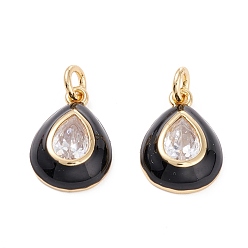 Black Brass Micro Pave Clear Cubic Zirconia Pendants, with Enamel, Long-Lasting Plated, Teardrop, Real 18K Gold Plated, Black, 16x11x4mm, Ring: 5x1mm, 3mm inner diameter