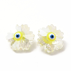 Yellow Transparent Glass Beads, with Enamel, Faceted, Snowflake with Evil Eye Pattern, Yellow, 12.5x14x9mm, Hole: 1.2mm