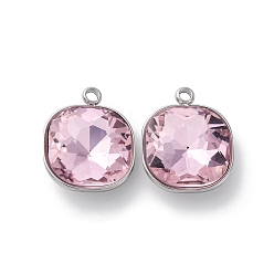 Розовый 304 из нержавеющей стали горный хрусталь подвески, квадратных амулеты, цвет нержавеющей стали, светло-розовый, 16x13x6 мм, отверстие : 1.6 мм