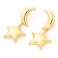 Real 18K Gold Plated Rack Plating Brass Moon & Star Dangle Stud Earrings, Lead Free & Cadmium Free, Real 18K Gold Plated, 49.5mm