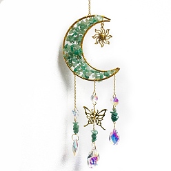 Green Aventurine Moon & Star & Butterfly Glass Hanging Suncatcher, with Green Aventurine Chips, 410mm