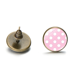 Pink Alloy Stud Earrings with Ear Nuts, Glass Flat Round Polka Dot Ear Studs for Women, Pink, 12mm