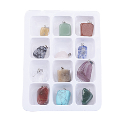 Mixed Color Gemstone Pendants, with Brass Clasps, Mixed Stone, Mixed Color, 20~26x11~22x10~22mm, Hole: 6x2mm, 12pcs/box
