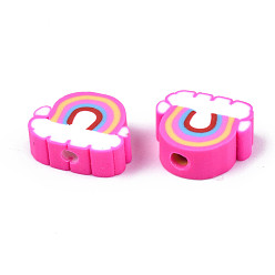 Hot Pink Handmade Polymer Clay Beads, Rainbow & Cloud, Hot Pink, 8.5~10.5x10~12.5x4~5mm, Hole: 1.8mm