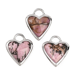 Родонит Ограненные подвески из натурального родонита, Подвески в форме сердца из латуни с драгоценными камнями в оправе, платина, 22x18.5~19x7 мм, отверстие : 5x4 мм
