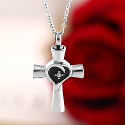 Stainless Steel Color Titanium Steel Memorial Jewelry Urn Ashes Pendants, with Enamel and Cubic Zirconia, High Polished, Cross with Heart, Stainless Steel Color, 33x20mm