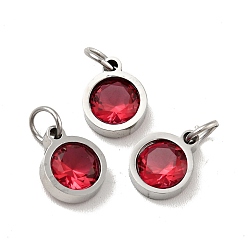 Crimson 304 Stainless Steel Pendants, with Cubic Zirconia and Jump Rings, Single Stone Charms, Flat Round, Stainless Steel Color, Crimson, 9.5x7.5x3mm, Hole: 3.6mm