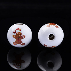 Saddle Brown Painted Natural Wood Beads, Christmas Style, Round with Gingerbread Man Pattern, Saddle Brown, 16x15mm, Hole: 4mm