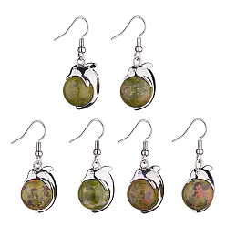 Unakite Natural Unakite Dolphin Dangle Earrings with Crystal Rhinestone, Platinum Brass Jewelry for Women, 38mm, Pin: 0.6mm