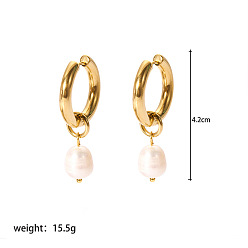 Золотой Овальные серьги-кольца из натурального жемчуга из нержавеющей стали, золотые, 42 мм