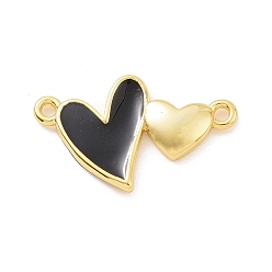 Black Eco-friendly Rack Plating Brass Enamel Connector Charms, Cadmium Free & Lead Free, Long-Lasting Plated, Double Heart Links, Real 18K Gold Plated, Black, 10.5x17.5x2mm, Hole: 1mm