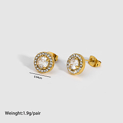 Плоский Круглый Модные 304 серьги-гвоздики из нержавеющей стали с кубическим цирконием, реальный 18 k позолоченный, плоско-круглые, 9.4 мм