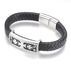 Antique Silver Leather Cord Bracelets, with 304 Stainless Steel Findings and Magnetic Clasps, Rectangle, Antique Silver, 8-1/2 inch(215mm)