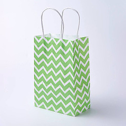Green kraft Paper Bags, with Handles, Gift Bags, Shopping Bags, Rectangle, Wave Pattern, Green, 27x21x10cm