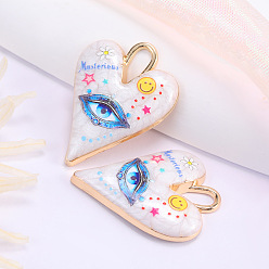 Синий Подвески сплава cmолы, Сердце с глаз, с золотистой петлей, синие, 34x25 мм