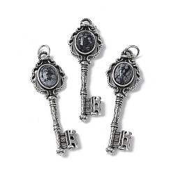 Снежный Обсидиан Ключ латунный натуральный снежинка обсидиан большие подвески, с целью перехода в кольце, античное серебро, 55.5x16.5x5~6.5 мм, отверстие : 4.5 мм