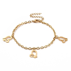 Golden 304 Stainless Steel Hollow Heart Charm Bracelet with Cable Chains for Valentine's Day, Golden, 7-1/8 inch(18cm)