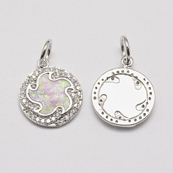 Real Platinum Plated Brass Cubic Zirconia Charms, with Synthetic Opal, Flat Round, Cadmium Free & Lead Free, Real Platinum Plated, 16x13.5x2mm, Hole: 4.5mm