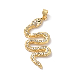 Clear Rack Plating Brass Micro Pave Cubic Zirconia Pendants, Cadmium Free & Lead Free, Real 18K Gold Plated, Snake, Clear, 37x16x3.5mm, Hole: 4.3x3.6mm