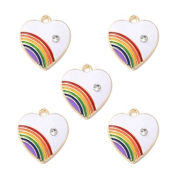 White Alloy Enamel Pendant, with Rhinestone, Heart with Rainbow Charm, White, 20x18x3.5mm, Hole: 2mm