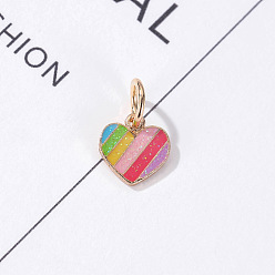 Golden Alloy Enamel Pendant, with Glitter Powder & Jump Ring, Heart with Rainbow Charms, Golden, No Size