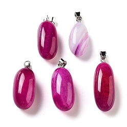 Fuchsia Natural Agate Dyed Pendants, Oval Charms with Stainless Steel Color Plated Stainless Steel Snap on Bails, Fuchsia, 21~32x9.5~16.5x10.5x7.5~12.5mm, Hole: 6x3mm
